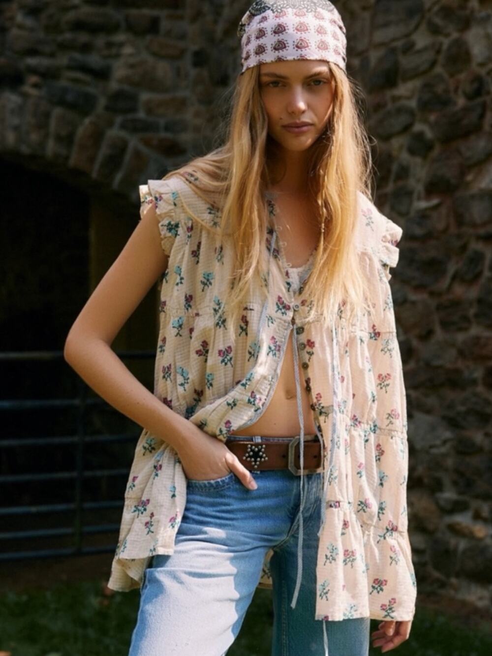 Free People Bohemian Prairie Sundown Mini Dress Tunic Top Ivory Combo Large